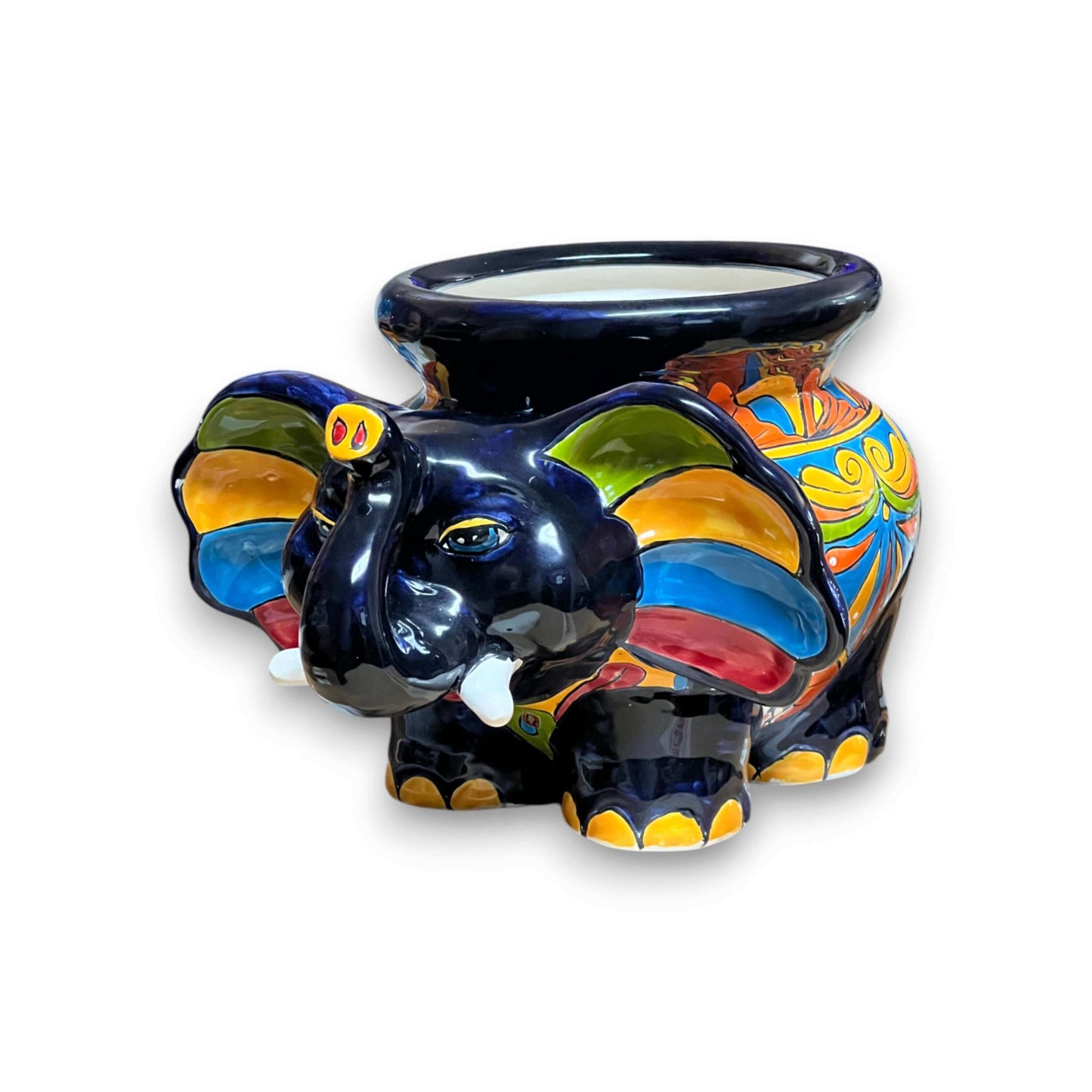 Talavera Elephant Planter | Colorful Mexican Ceramic Pot - hand-painted Talavera elephant planter in blue, orange, green, yellow, lead-free glaze