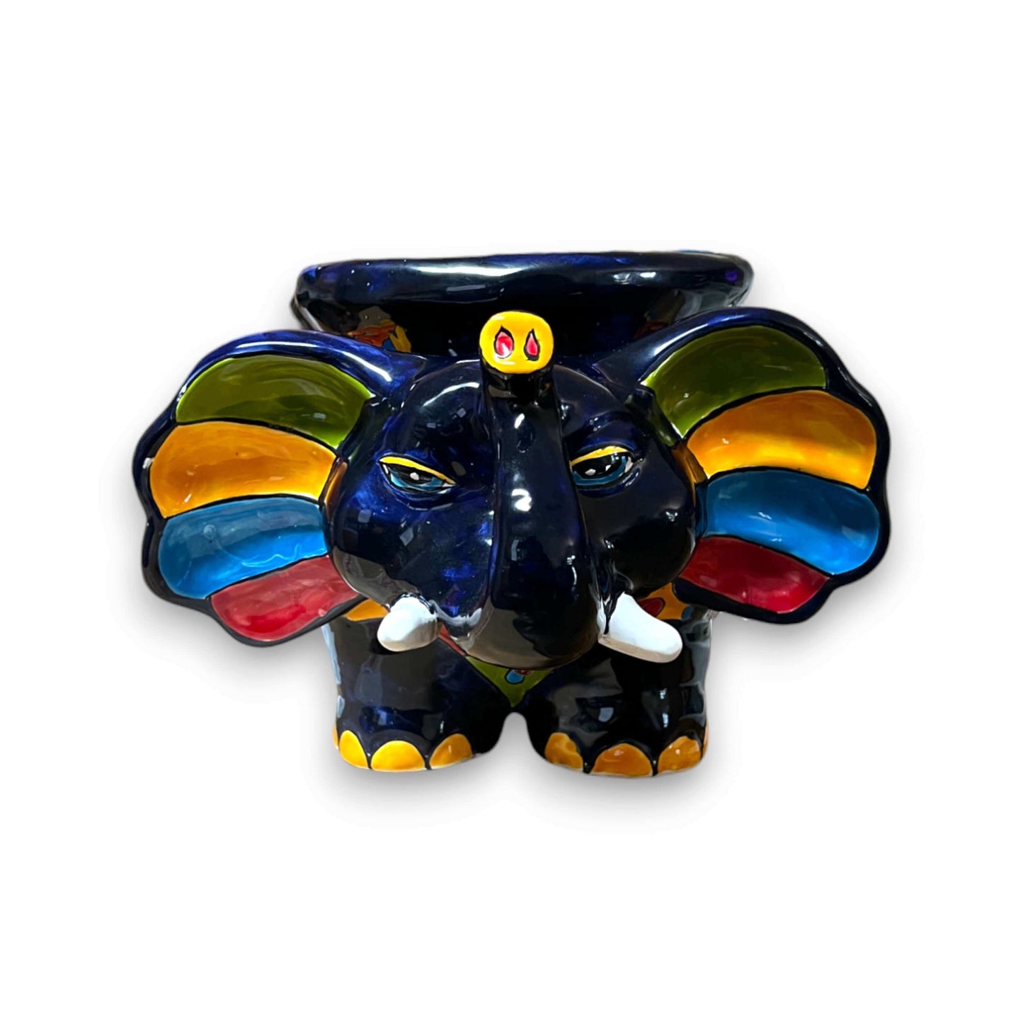 Talavera Elephant Planter | Colorful Mexican Ceramic Pot handcrafted navy elephant with vivid blue orange green yellow Talavera patterns