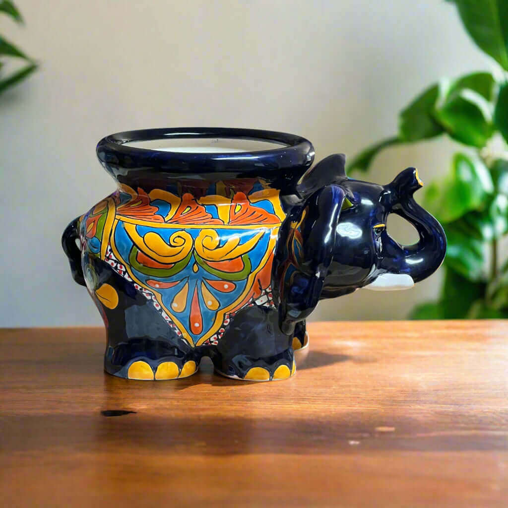 Talavera Elephant Planter | Colorful Mexican Ceramic Pot hand-painted elephant planter in blue, orange, green and yellow Talavera design