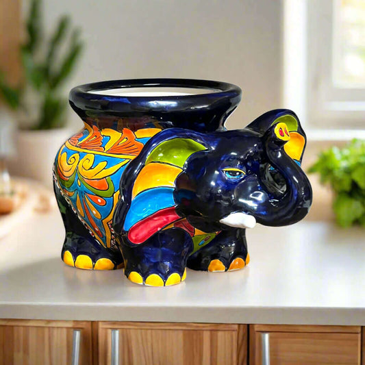 Talavera Elephant Planter | Colorful Mexican Ceramic Pot - hand-painted Talavera elephant planter in blue, orange, green, yellow, lead-free glaze