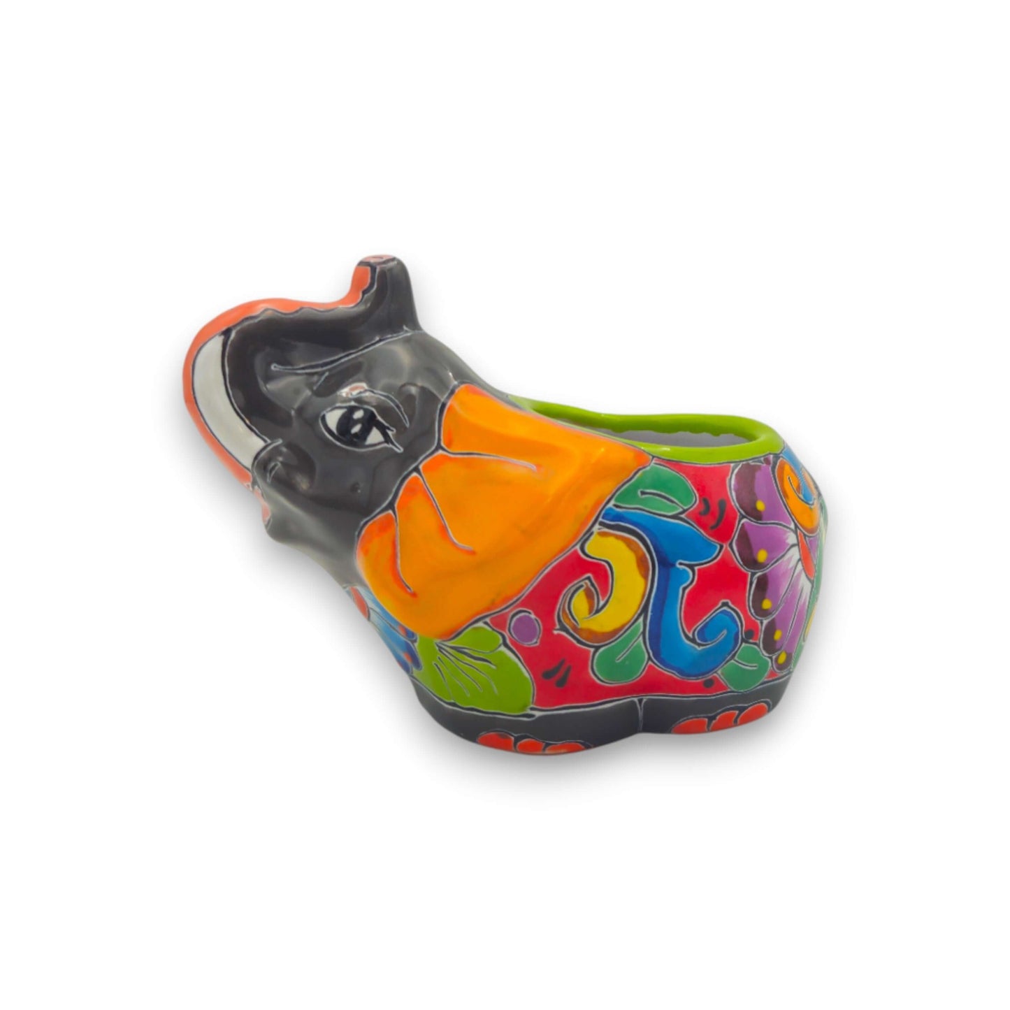 Talavera Elephant Planter | Hand-Painted Gray Ceramic Pot - handcrafted gray elephant planter with multicolor floral Talavera patterns