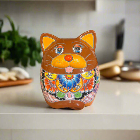 Talavera Cat Planter | Handcrafted Fat Cat Ceramic Pot - hand-painted brown Talavera cat-shaped planter with colorful floral pattern