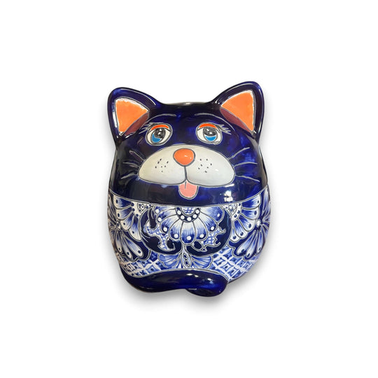 Talavera Cat Planter | Handcrafted Fat Cat Ceramic Pot - hand-painted blue Talavera cat planter, rounded whimsical feline pot