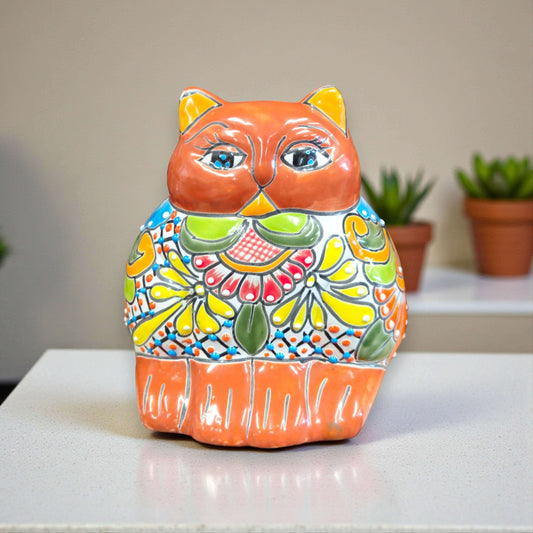 Colorful Talavera Cat Planter | Mexican Ceramic Art - hand-painted fat cat planter with bright orange, yellow, green and blue floral patterns