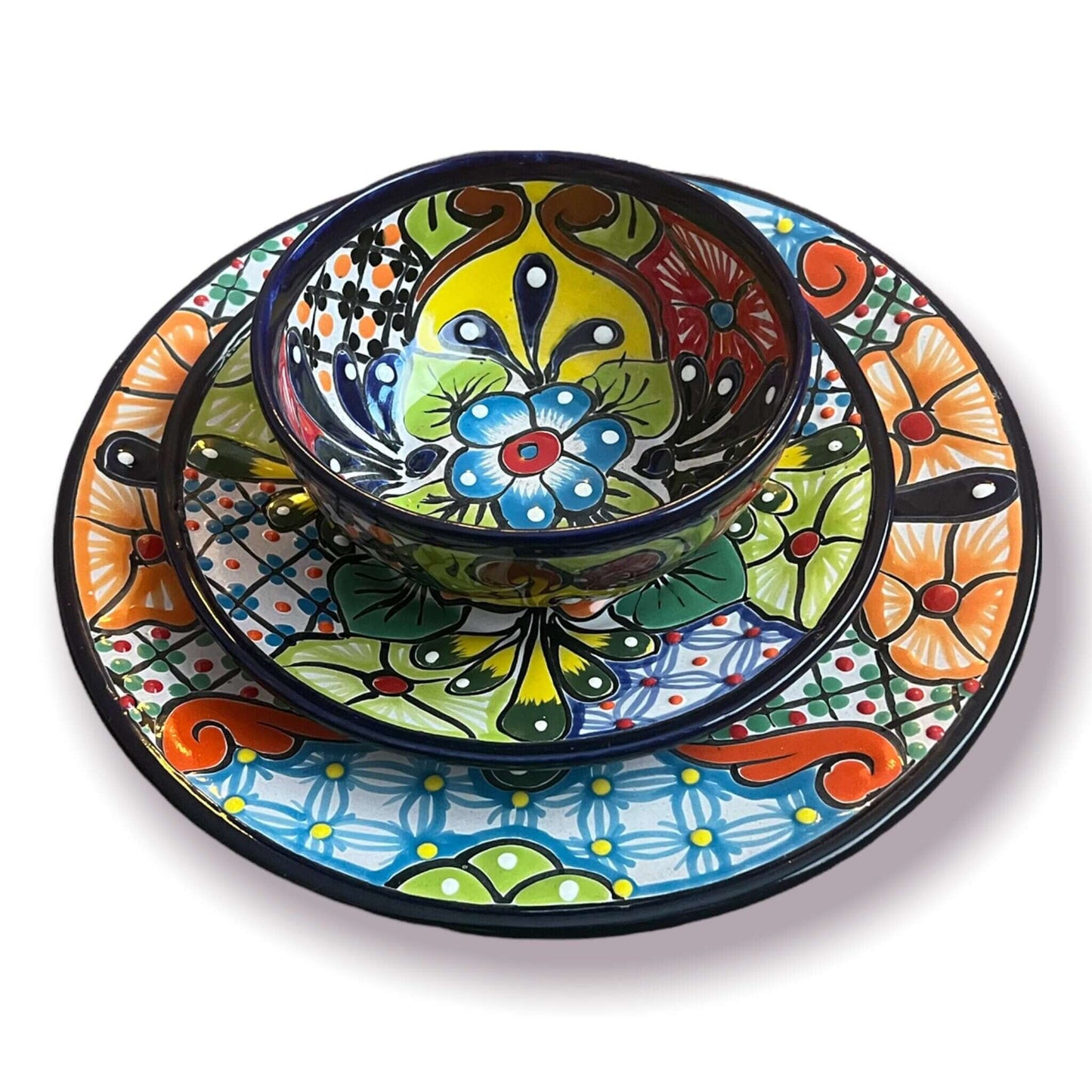 Talavera Dinnerware Set | 51-Piece Floral Tableware for 8 - hand-painted floral bowl and plates from Guanajuato, vibrant lead-free glaze