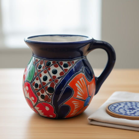 Talavera Floral Coffee Mug | Handcrafted Mexican Ceramic Cup - hand-painted vibrant blue, orange and green floral Talavera mug from Guanajuato