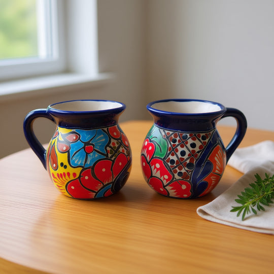 Talavera Floral Coffee Mug | Handcrafted Mexican Ceramic Cup - pair of hand-painted blue floral Talavera mugs on wooden table