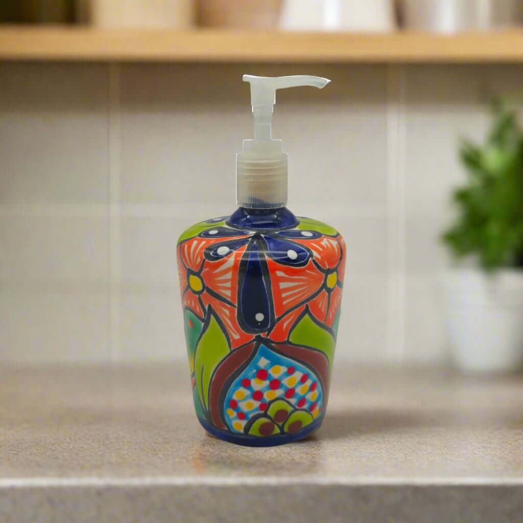 Talavera Floral Soap Pump | Hand-Painted Mexican Ceramic — vibrant hand-painted Mexican ceramic soap dispenser with red, green, blue floral motifs