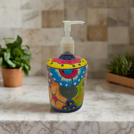 Talavera Floral Soap Pump | Hand-Painted Mexican Ceramic on marble counter with colorful hand-painted floral motifs and white pump
