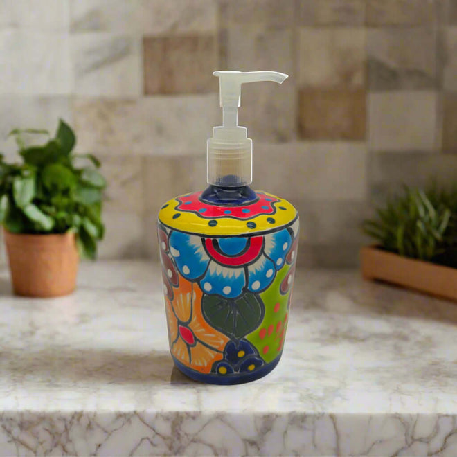 Talavera Floral Soap Pump | Hand-Painted Mexican Ceramic on marble counter with colorful hand-painted floral motifs and white pump