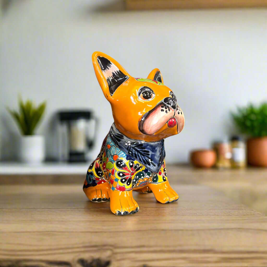 Talavera French Bulldog | Handcrafted Mexican Frenchie Statue colorful 9-inch hand-painted Talavera ceramic Frenchie on wooden table