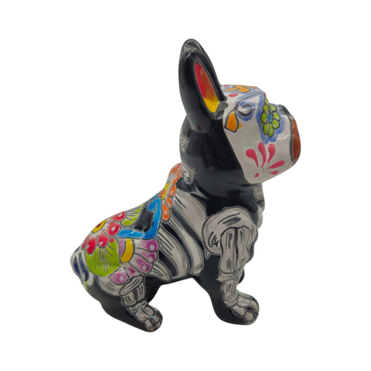 Talavera French Bulldog Statue | Day of the Dead Design in vibrant colors.