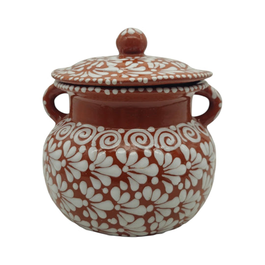 Talavera Frijolero Bean Pot with Lid | Fully Glazed Floral Design showcasing a handcrafted brown and white floral motif.