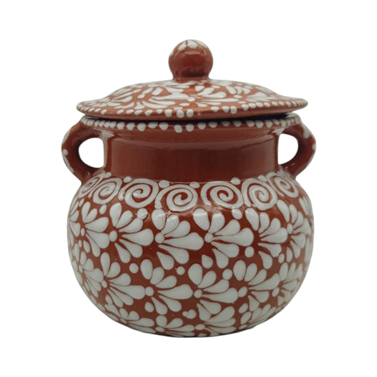 Talavera Frijolero Bean Pot with Lid | Fully Glazed Floral Design showcasing intricate floral patterns.