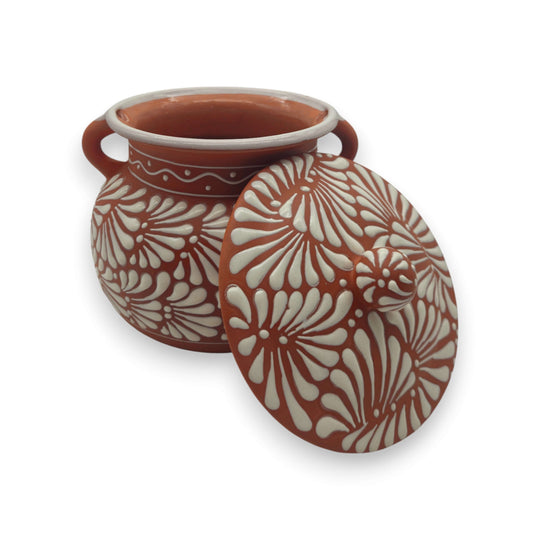 Talavera Frijolero Bean Pot with Lid | Mexican Clay Pot - hand-painted brown and white floral Talavera with handled lid