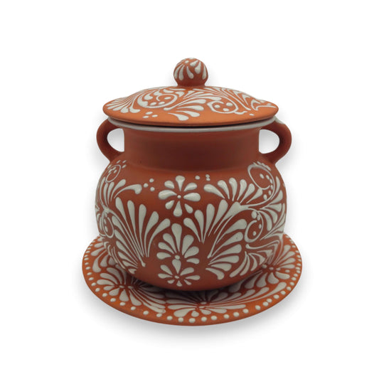 Talavera Frijolero Bean Pot with Lid | Mexican Clay Pot hand-painted brown and white floral Talavera with lid and handles