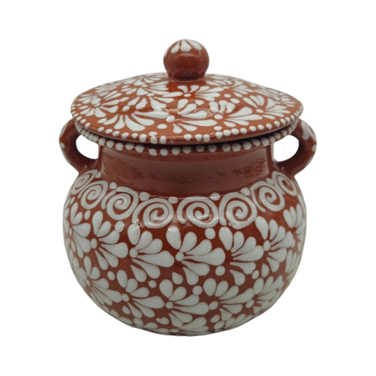 Talavera Frijolero Bean Pot with Lid | Fully Glazed Floral Design featuring a brown and white hand-painted floral motif.