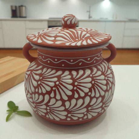 Talavera Frijolero Bean Pot with Lid | Mexican Clay Pot - handmade brown and white floral Talavera frijolero with handled lid, matte exterior and glossy interior