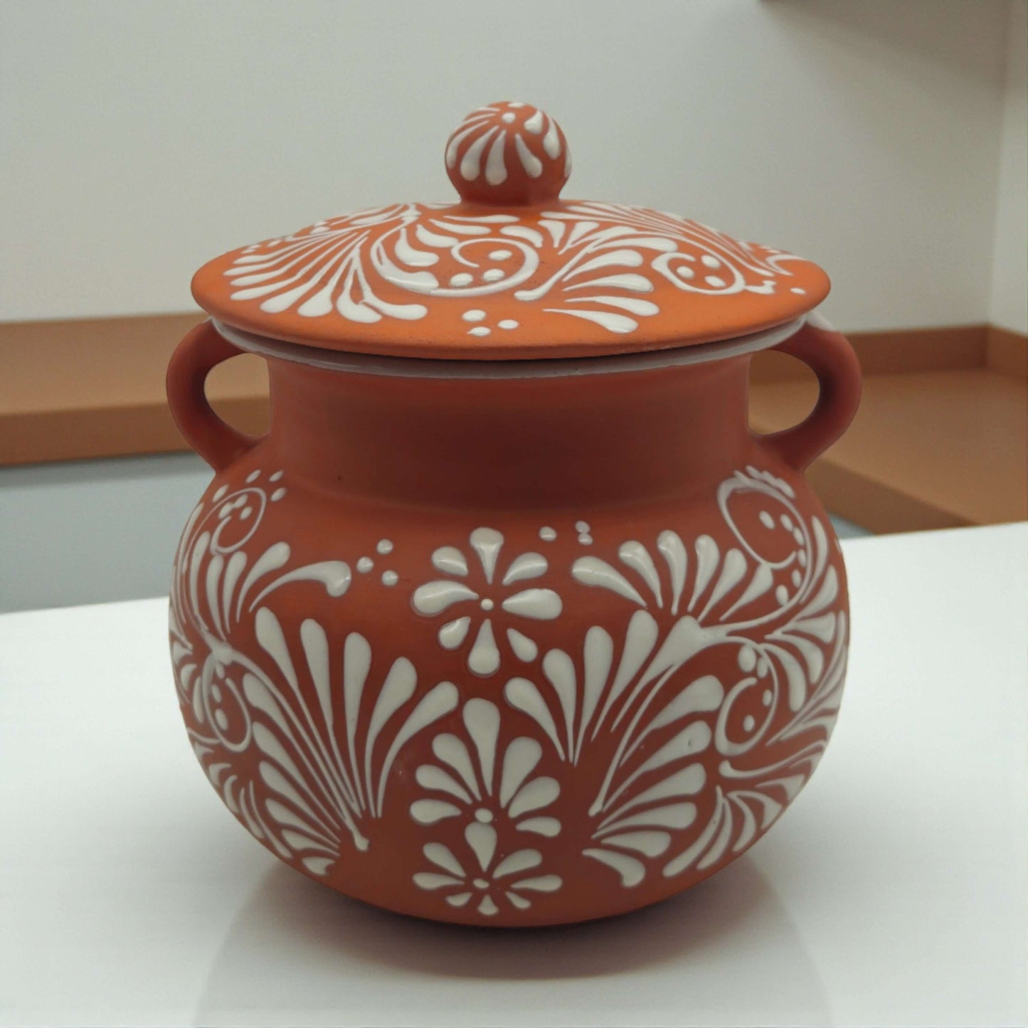 Talavera Frijolero Bean Pot with Lid | Mexican Clay Pot - handmade brown and white floral Talavera clay pot with lid