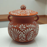 Talavera Frijolero Bean Pot with Lid | Mexican Clay Pot - handmade brown and white floral Talavera clay pot with lid