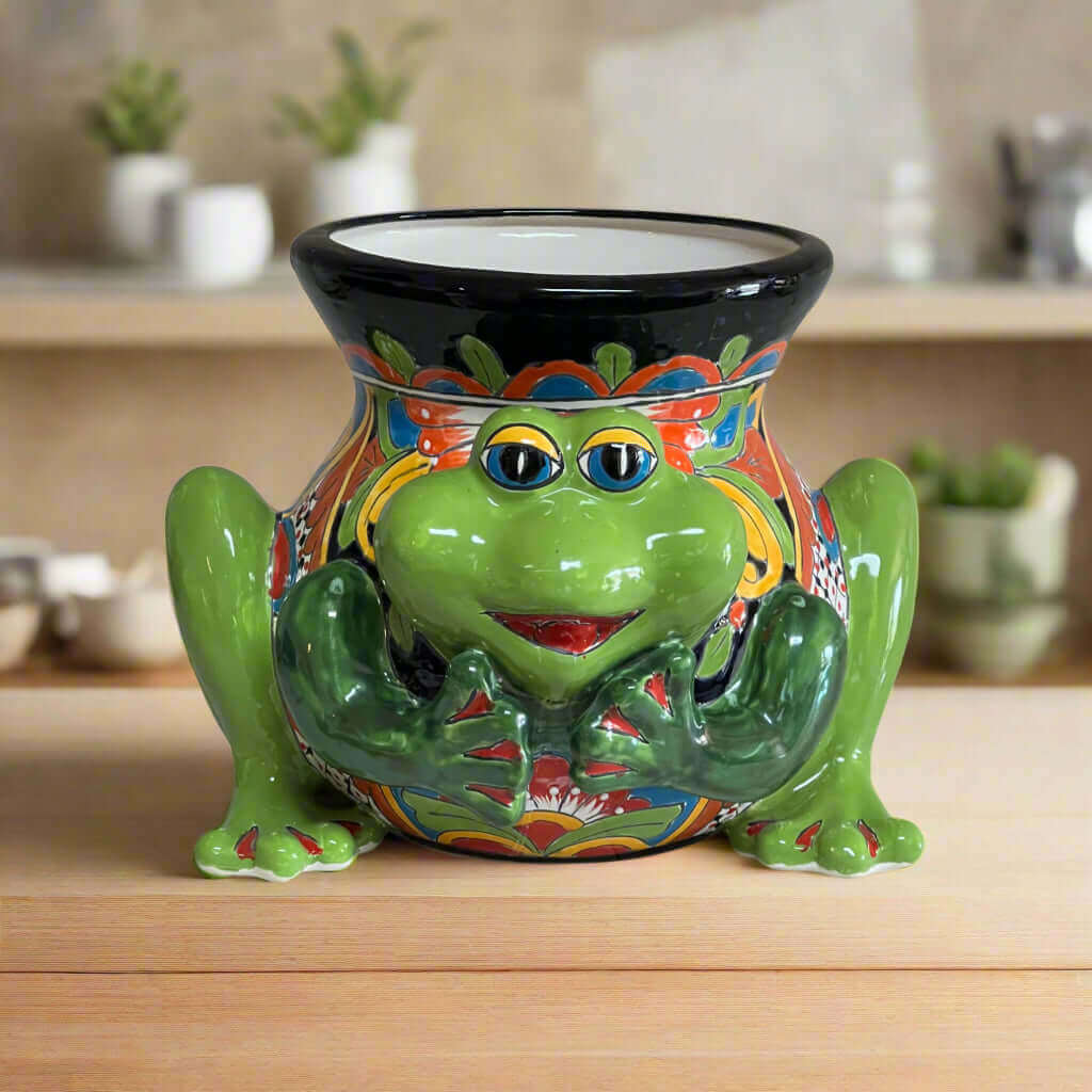 Talavera Frog Planter | Colorful Hand-Painted Mexican Ceramic Pot - bright green hand-painted frog planter with orange and blue Talavera patterns