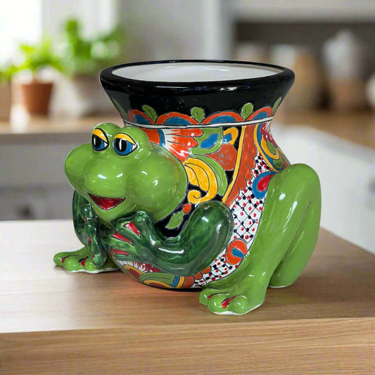 Talavera Frog Planter | Colorful Hand-Painted Mexican Ceramic Pot - bright green hand-painted frog wrapped planter from Guanajuato, lead-free glaze