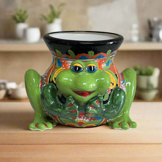 Talavera Frog Planter | Colorful Hand-Painted Mexican Ceramic Pot - bright green hand-painted frog planter with orange and blue Talavera patterns