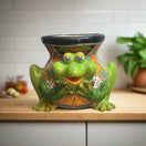 Talavera Frog Planter | Colorful Hand-Painted Mexican Ceramic Pot - hand-painted green frog planter with bright orange and blue Talavera patterns