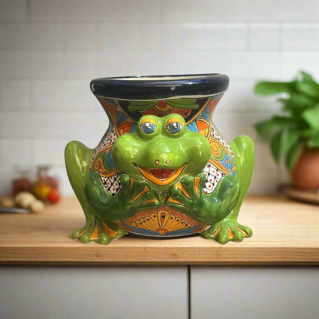 Talavera Frog Planter | Colorful Hand-Painted Mexican Ceramic Pot - hand-painted green frog planter with bright orange and blue Talavera patterns