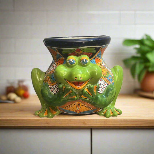 Talavera Frog Planter | Colorful Hand-Painted Mexican Ceramic Pot - hand-painted green frog planter with bright orange and blue Talavera patterns
