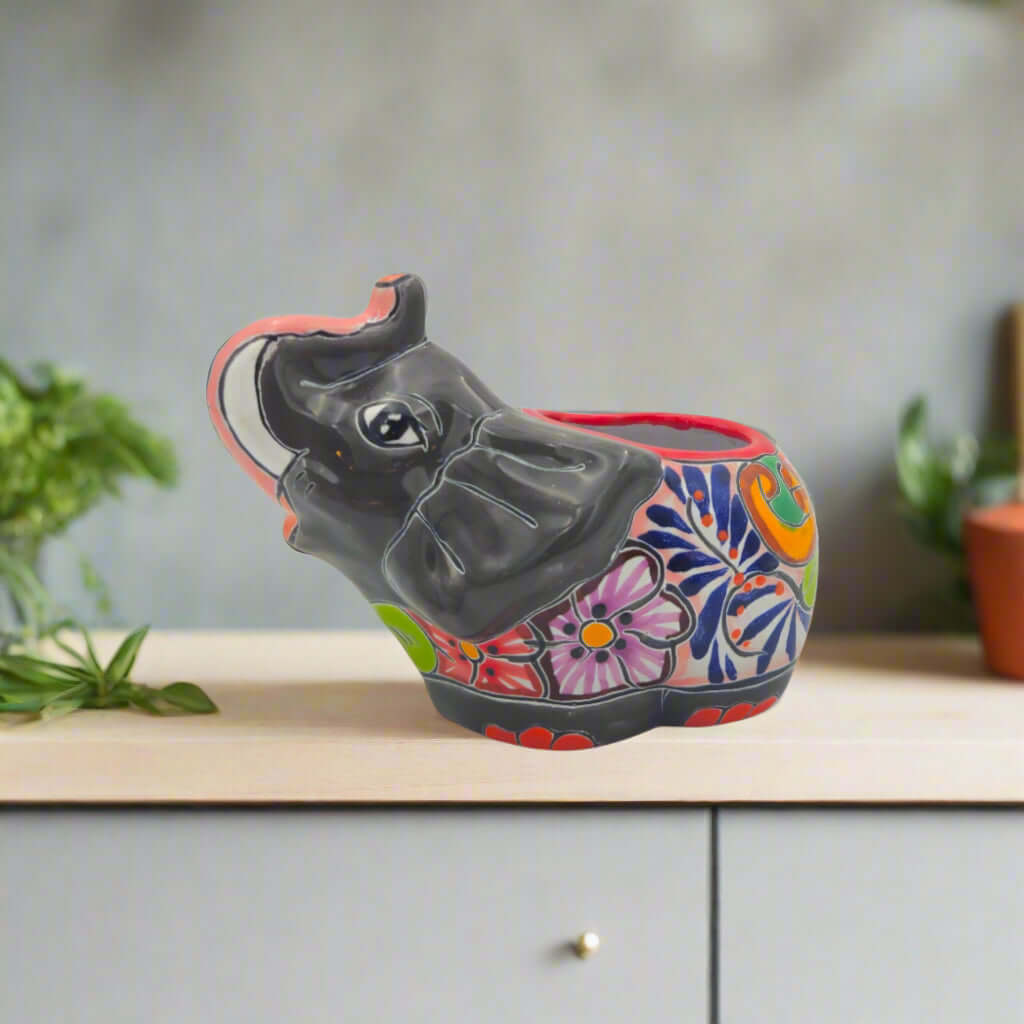 Talavera Elephant Planter | Hand-Painted Gray Ceramic Pot - handcrafted gray elephant planter with multicolor floral Talavera designs