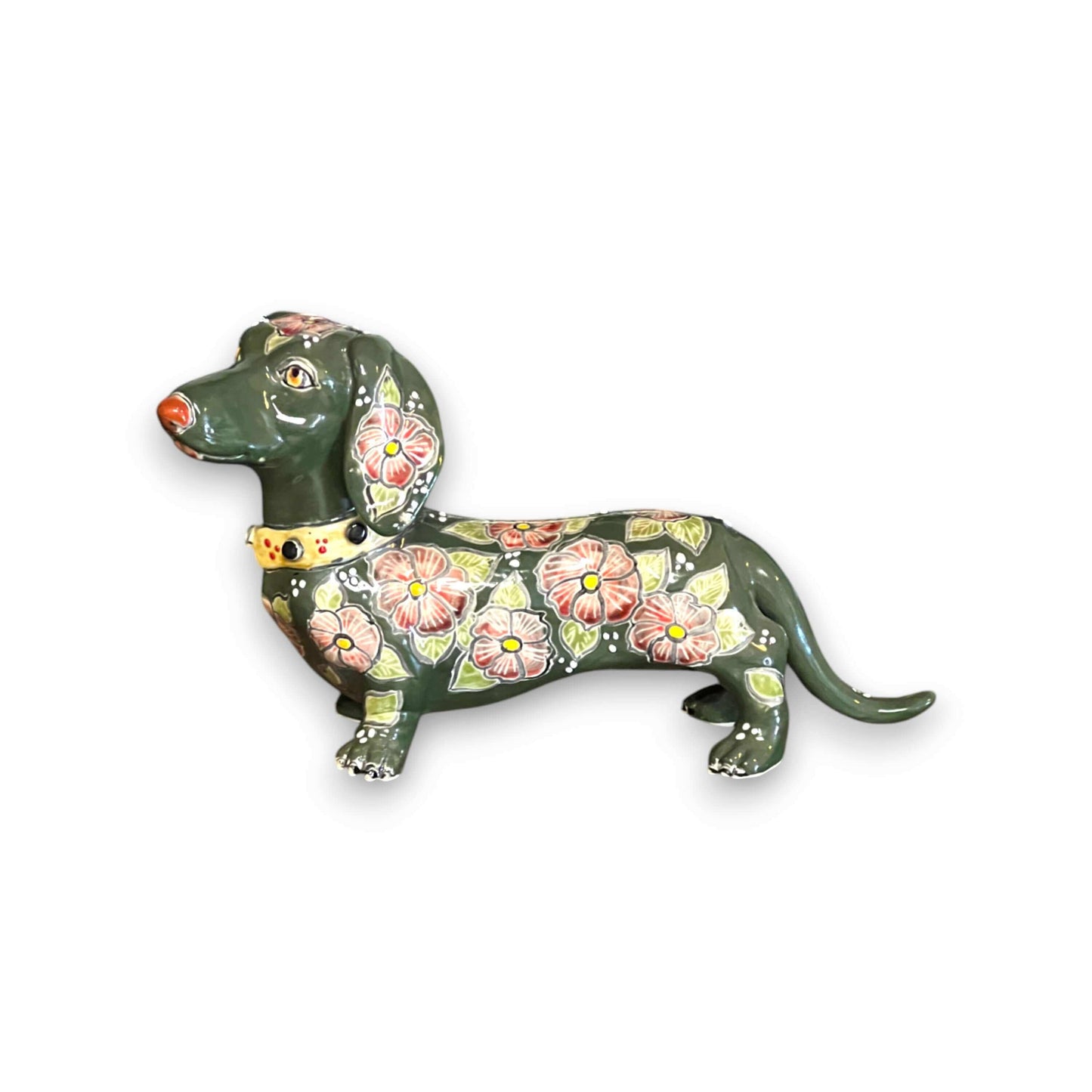 Talavera Dachshund Statue | Colorful Hand-Painted Dog Figurine - forest green Talavera dachshund with peach floral hand-painted design