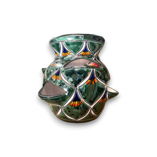 Talavera Strawberry Planter | Green Peacock Design hand-painted green peacock motif strawberry planter with multiple side openings, kiln-fired, lead-free glaze