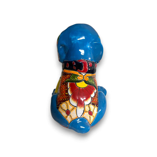 Talavera Dog Statue | Colorful Hand-Painted Mexican Puppy Decor - blue hand-painted Talavera ceramic puppy with floral motifs