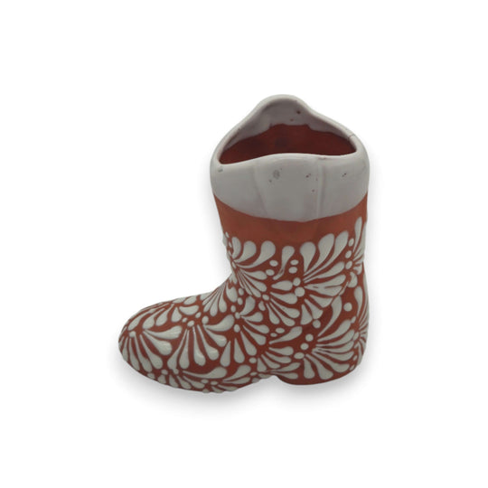 Talavera Boot Planter | Hand-Painted Mexican Pottery Accent - hand-painted brown boot planter with white floral Talavera design