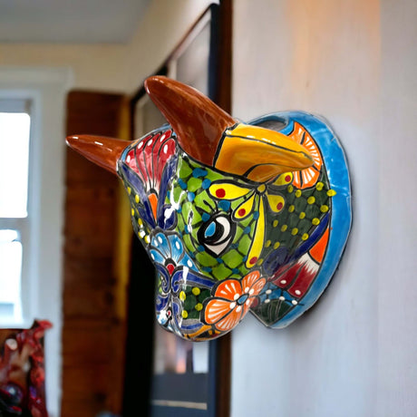 Talavera Bull Planter | Hand-Painted Mexican Bull Wall Art (Medium) - colorful hand-painted Talavera bull skull wall planter