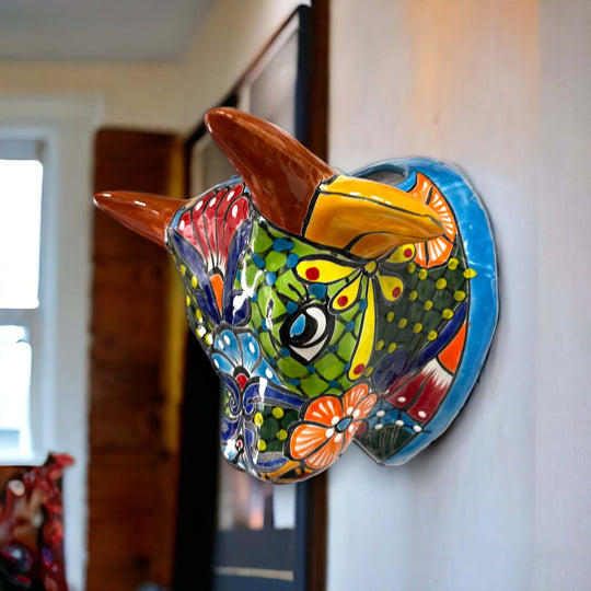 Talavera Bull Planter | Hand-Painted Mexican Bull Wall Art (Medium) - colorful hand-painted Talavera bull skull wall planter