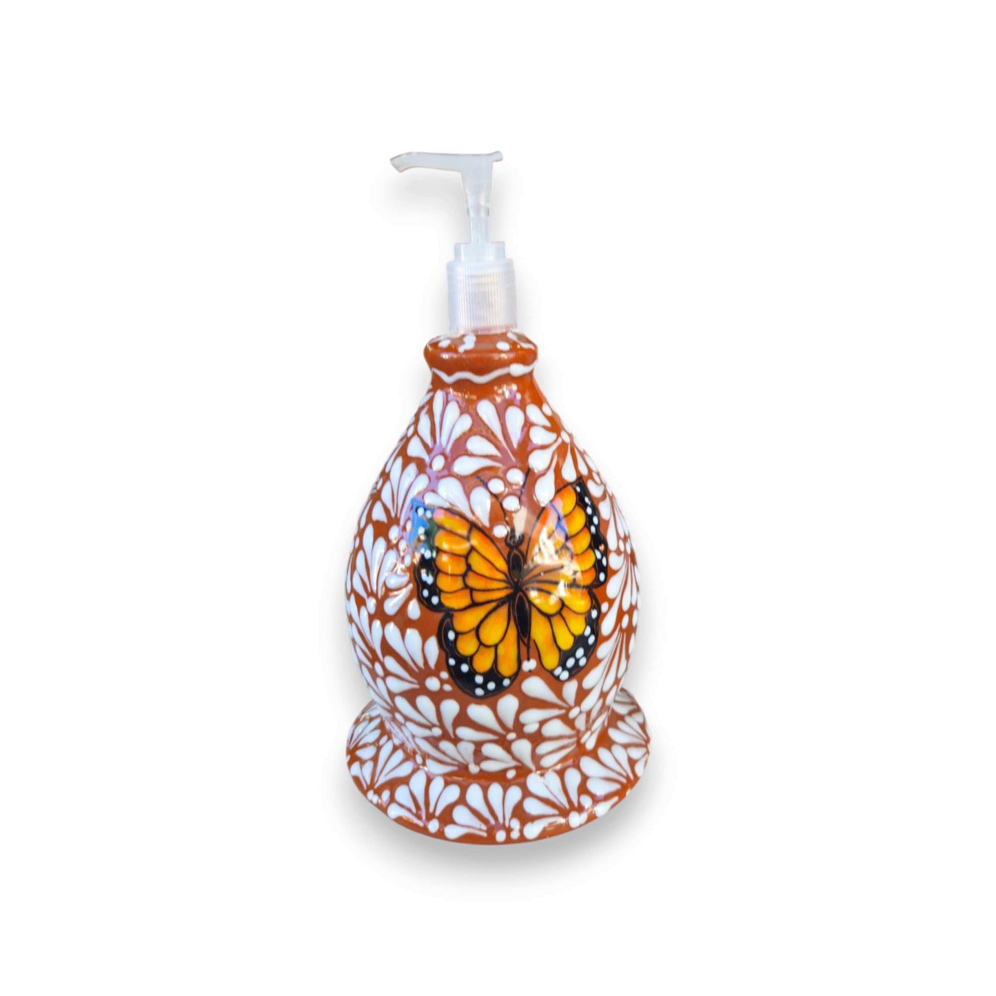 Talavera Butterfly Soap Dispenser | Hand-Painted Ceramic - hand-painted orange butterfly ceramic soap pump by Guanajuato artisans