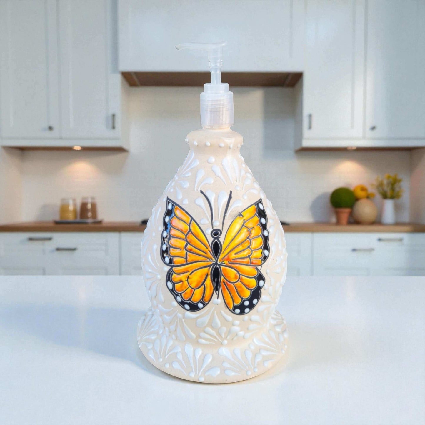Talavera Butterfly Soap Dispenser | Hand-Painted Ceramic - hand-painted white ceramic pump with bright orange butterfly motif