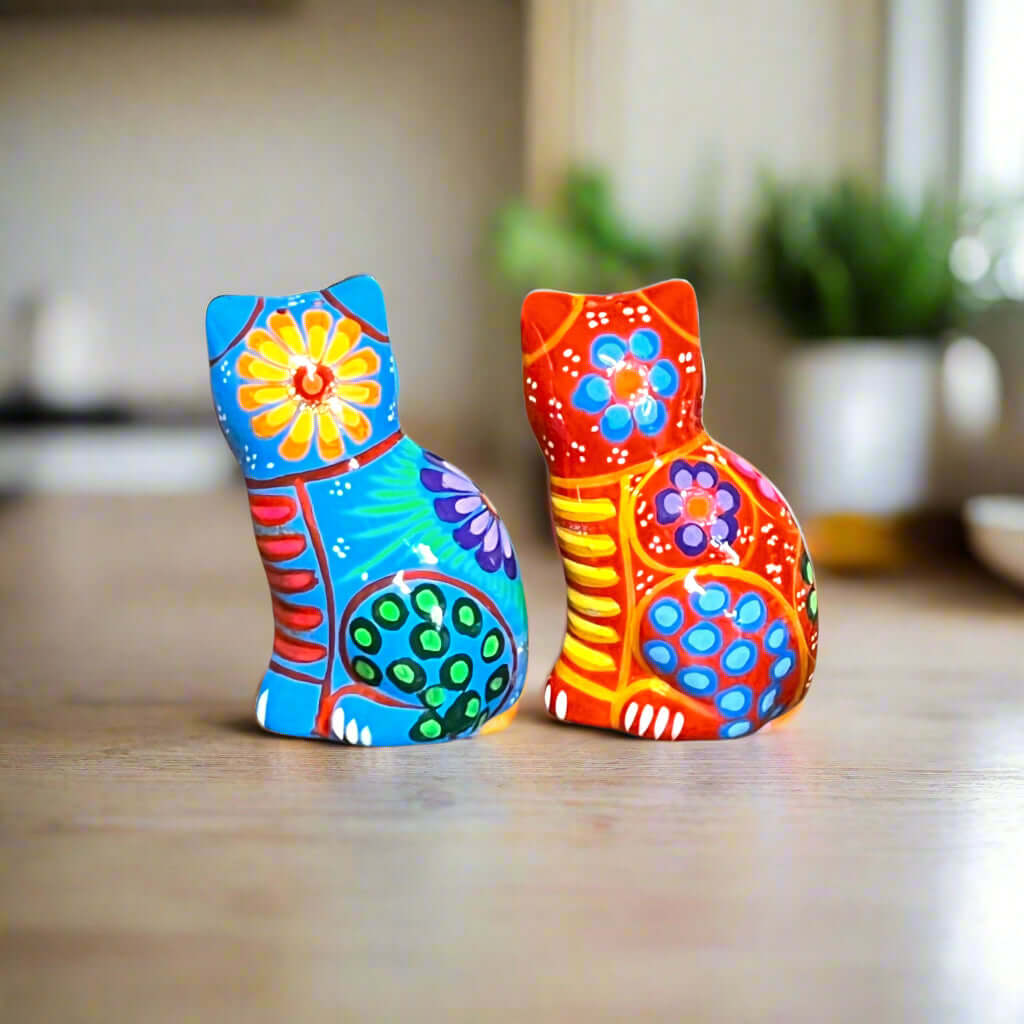 Set of 2 Talavera Cat Salt and Pepper Shakers | Hand-Painted Ceramic - colorful hand-painted ceramic cat shakers, red and blue, Talavera style