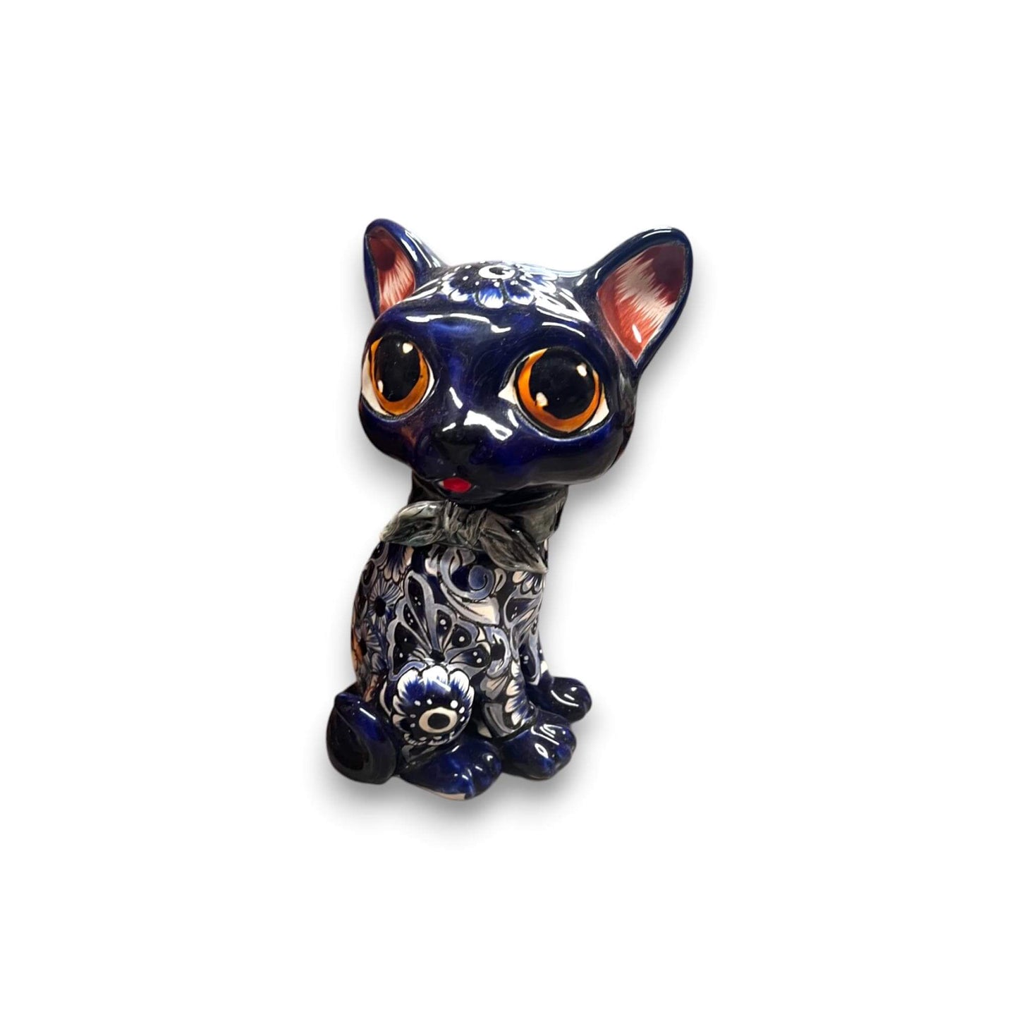 Talavera Cat Statue | Hand-Painted Mexican Folk Art Figurine - navy blue Talavera cat with oversized eyes, floral patterns, handmade in Guanajuato