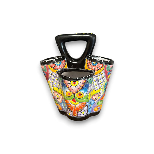 Talavera Utensil Holder | Hand-Painted Mexican Kitchen Organizer - colorful three-compartment hand-painted Talavera ceramic organizer with handle