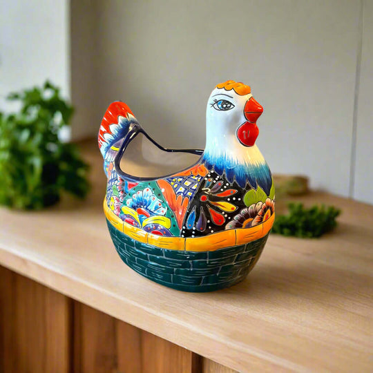 Talavera Chicken Planter | Hand-Painted Mexican Ceramic Statue - vibrant hand-painted Talavera chicken planter handcrafted in Guanajuato, Mexico