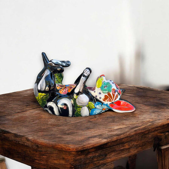 Talavera Chihuahua Bottle Holder | Hand-Painted Mexican Dog Statue - black multicolor floral hand-painted ceramic chihuahua bottle holder