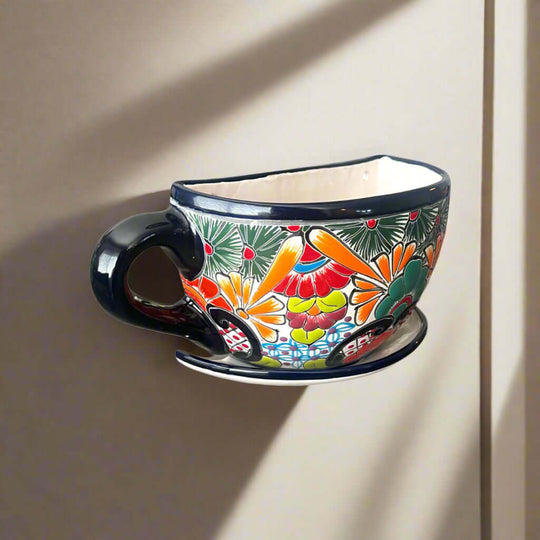 Talavera Coffee Cup Planter | Hand-Painted Mexican Wall Pot - hand-painted Talavera floral ceramic cup planter, kiln-fired lead-free glaze, wall-mounted
