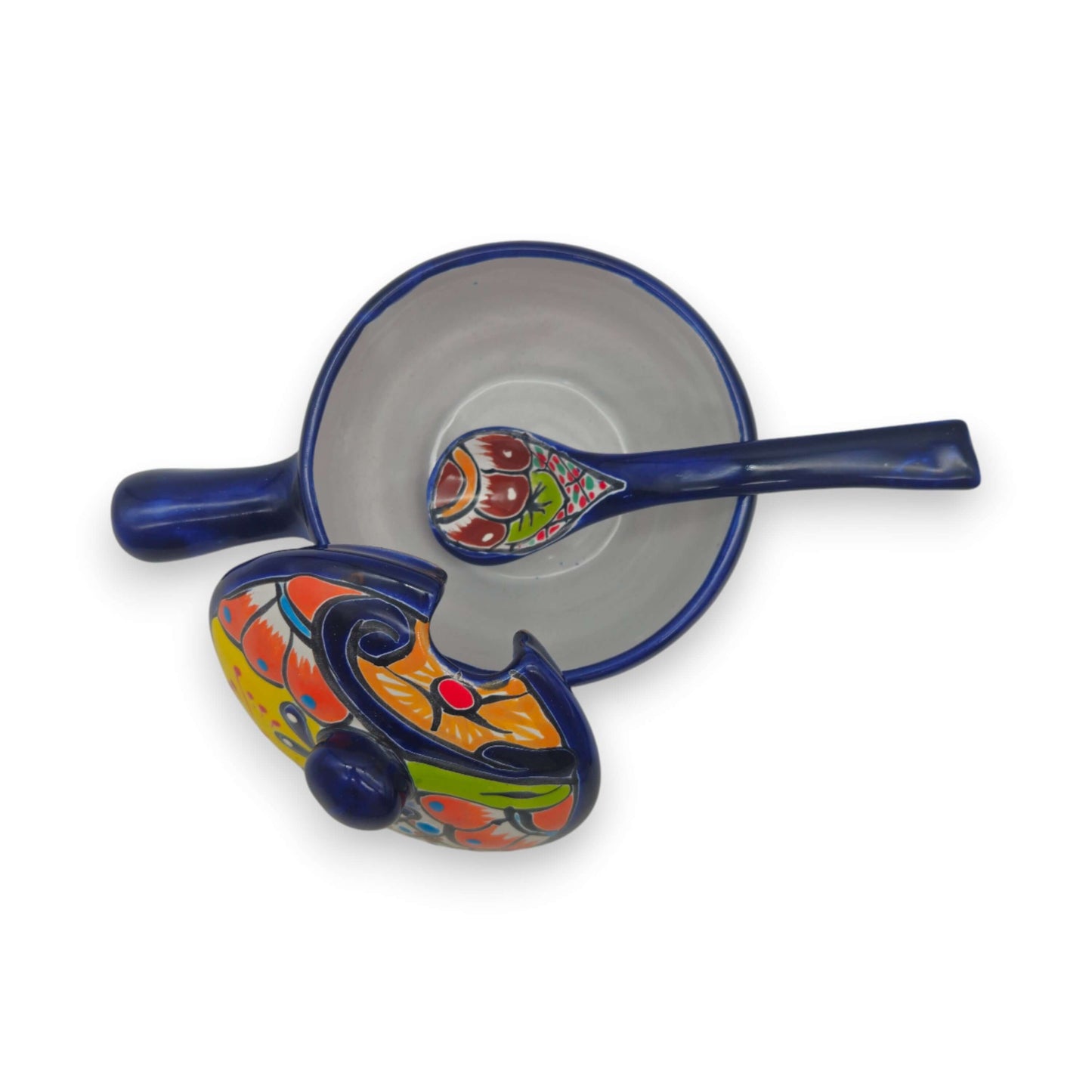 Talavera Salsa Bowl with Lid | Hand-Painted Ceramic Salsera - hand-painted multicolor floral covered salsera with matching spoon