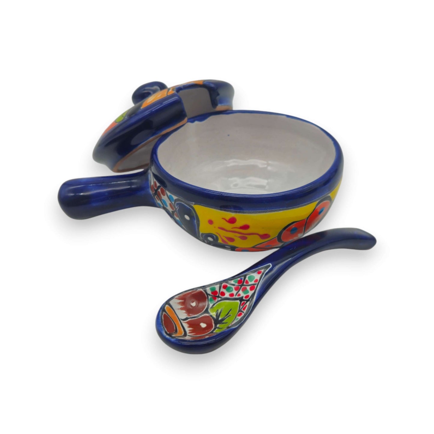 Talavera Salsa Bowl with Lid | Hand-Painted Ceramic Salsera - hand-painted blue covered salsera with matching spoon, multicolor floral geometric design