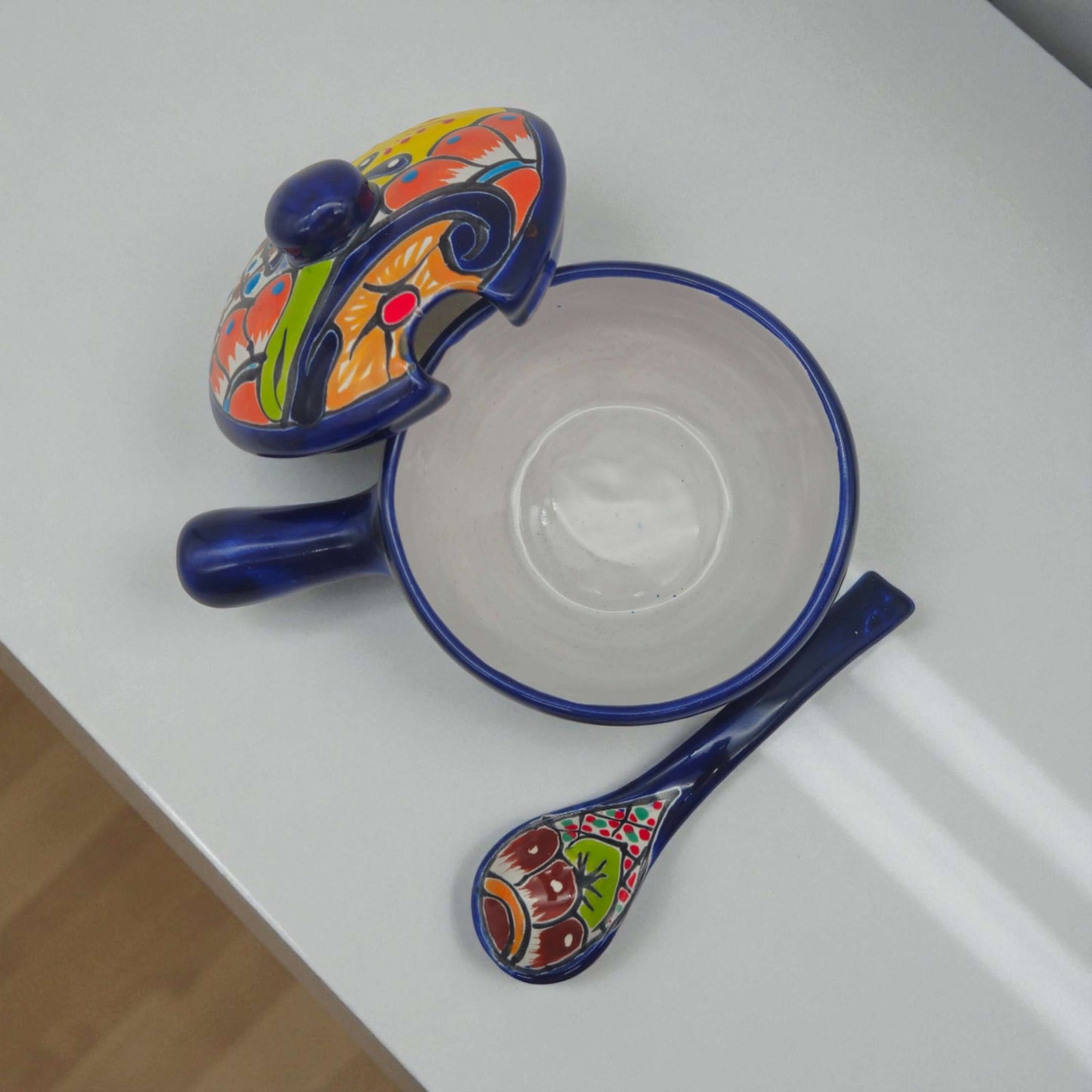 Talavera Salsa Bowl with Lid | Hand-Painted Ceramic Salsera - hand-painted multicolor covered salsera with matching spoon, blue-trimmed pottery