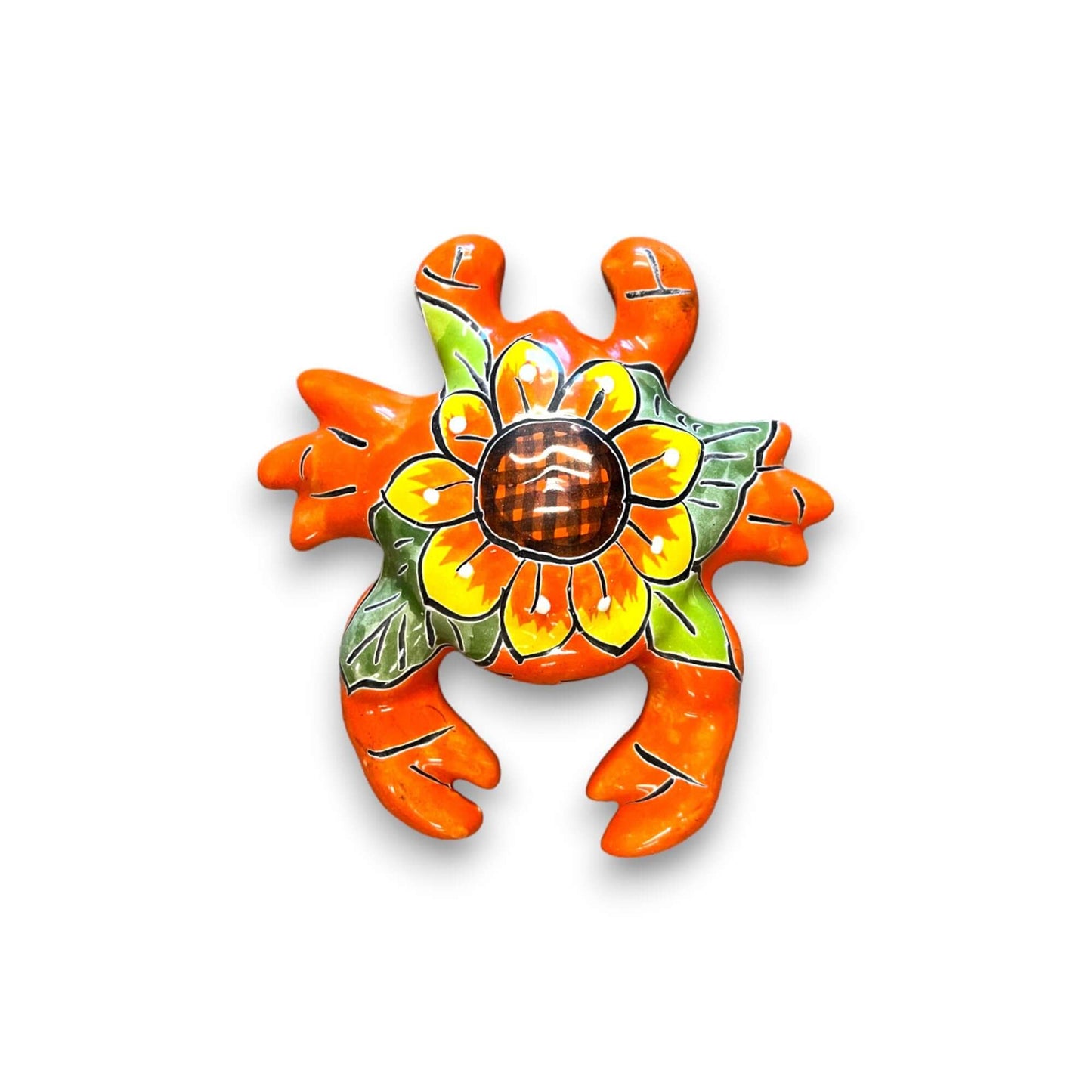 Talavera Crab Figurine | Colorful Hand-Painted Mexican Sculpture orange hand-painted Talavera crab with sunflower motif, kiln-fired lead-free glaze