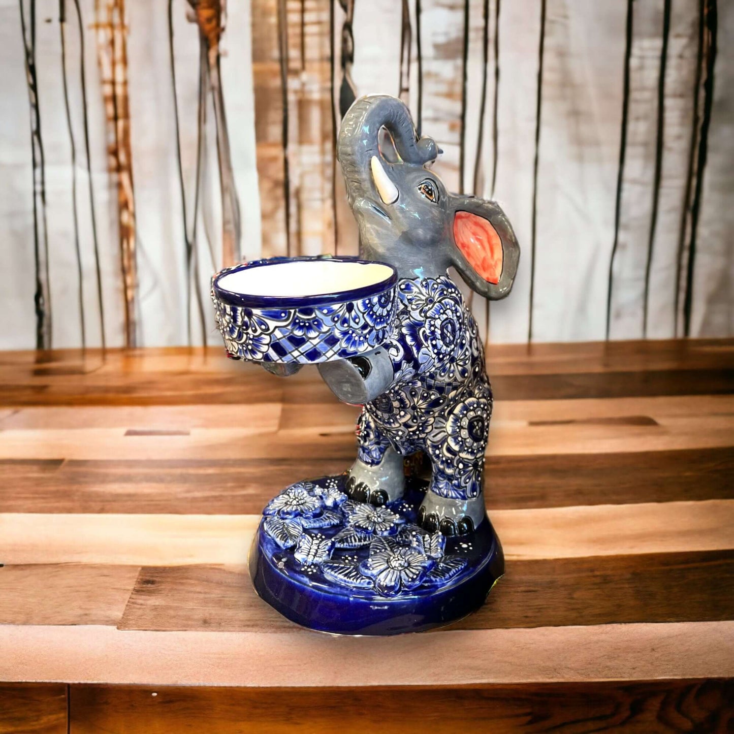 Talavera Elephant Planter | Hand-Painted Ceramic Art hand-painted blue floral ceramic elephant planter with small drainage bowl for succulents